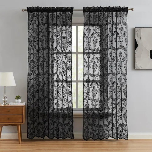 Miniatura 2 de ASATEX Par de 2 paneles de cortina de encaje negro de tamaño mediano de 54 pulgadas de ancho x 84 pulgadas de largo, con hermoso bordado de flores.