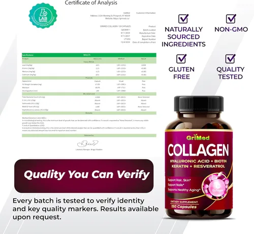 Miniatura 8 de GriMed Cápsulas de colágeno orgánico con ácido hialurónico, biotina, queratina y resveratrol, suplemento para uñas de piel y cabello, 150