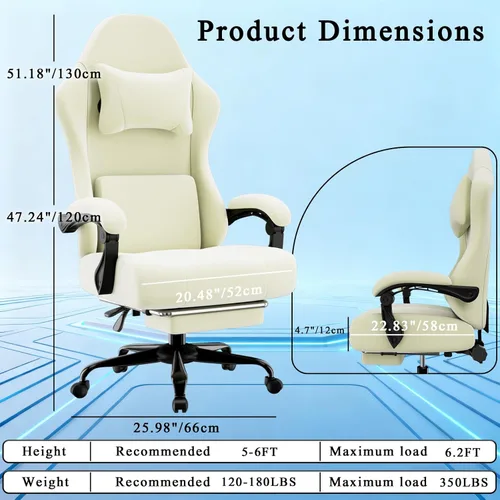 Miniatura 5 de Silla ergonómica para juegos, silla para videojuegos con soporte lumbar de masaje y reposapiés, silla de computadora de tela con altura ajustable