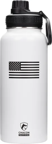 Miniatura 16 de Botella de agua aislada, negro, acero inoxidable, 32 onzas, diseño de bandera estadounidense de línea azul fina, boca ancha