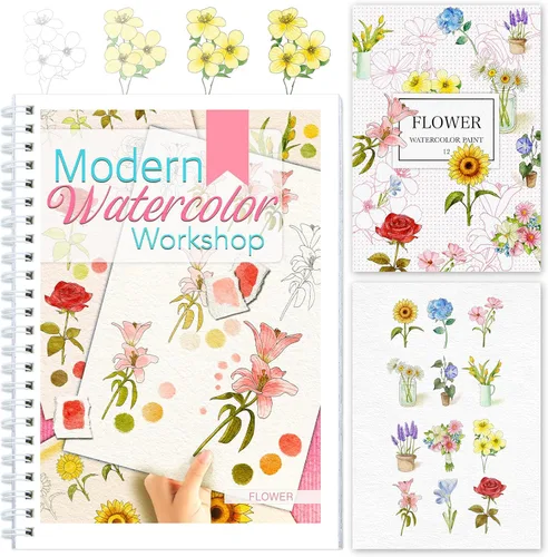 Miniatura 17 de Libro de trabajo de acuarela paso a paso – 12 páginas para colorear de acuarela – 100% algodón 300 gsm/140 lb papel de acuarela – Regalo