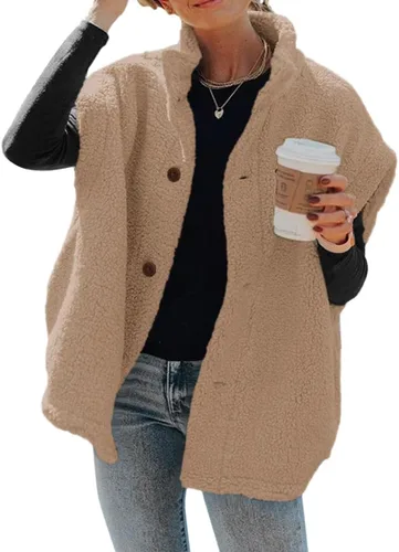 Miniatura 54 de Hongqizo - Chaleco de forro polar mullido para mujer, casual, de gran tamaño, cálido, con botones, chaqueta de sherpa con bolsillos