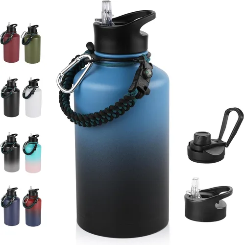 Miniatura 21 de Botella de agua aislada de 64 onzas con tapas de pajita y boquilla, jarra de agua de acero inoxidable de medio galón con mango de paracord, vacío