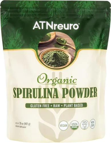Espirulina en polvo orgánica, 32 onzas, certificado USDA, 100% puro y natural, sin OMG, sin gluten, desintoxicante y potenciador de energía, rico en