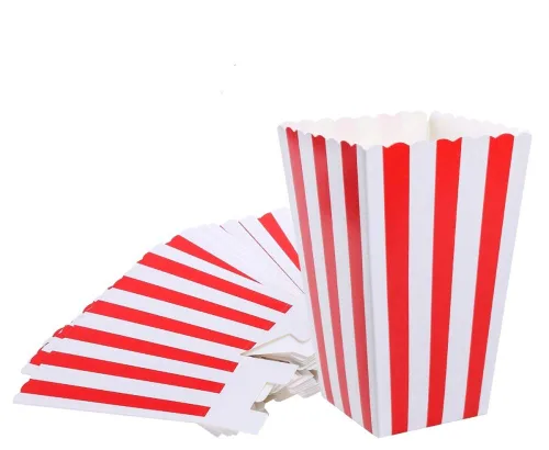 24 paquetes de cajas de palomitas de maíz con rayas rojas - Mini contenedores de papel para palomitas y caramelos para fiestas de carnaval, 2-Rojo