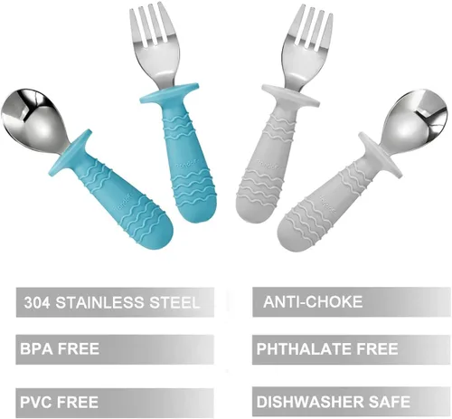Miniatura 3 de PandaEar Juego de 4 utensilios de silicona de acero inoxidable para bebés y niños pequeños, cubiertos y tenedores para bebés sin BPA con sujeción