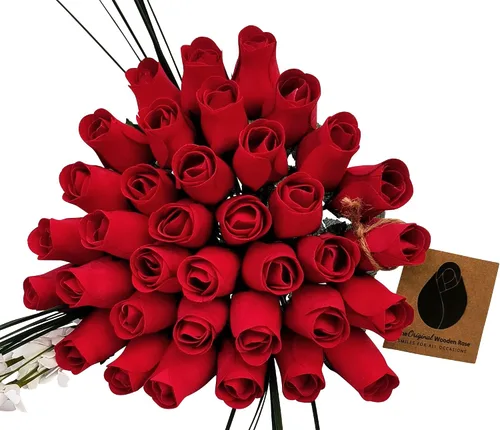 Miniatura 16 de Ramos originales de rosas de madera en 1, 2, o 3 docenas, Madera de abedul, Todo rojo, 1 Docena