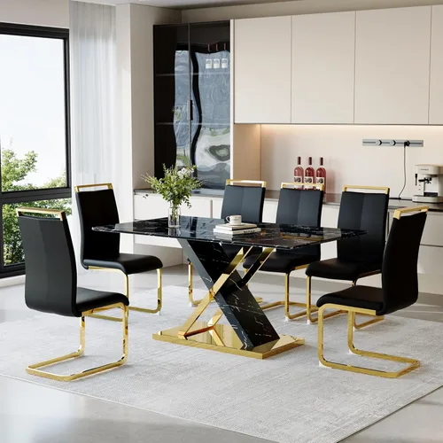 Miniatura 21 de YUNDREAM - Juego de mesa de comedor moderna de mármol para 4, mesa de comedor de oro negro de 63 pulgadas con marco cromado en forma de X y sillas