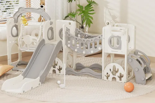 Miniatura 8 de Conjunto de juegos de parque infantil para niños pequeños con arco de escalada, juego de golf, tobogán y aro de baloncesto - Juguetes