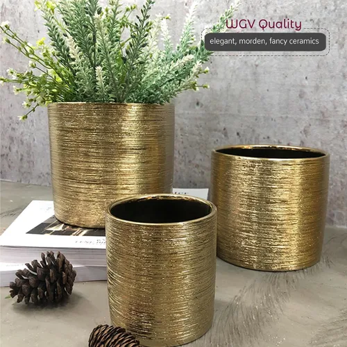 Miniatura 5 de WGVI Jarrón cilíndrico de cerámica grabada en oro, ancho de 6.5 pulgadas de alto, 6 pulgadas, arreglos florales, portavelas, maceta de terrario