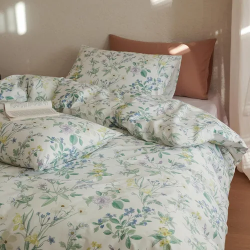 Miniatura 43 de Juego de funda de edredón blanca con estampado floral azul, juego de ropa de cama de algodón suave estilo bohemio, juego de ropa de cama estética