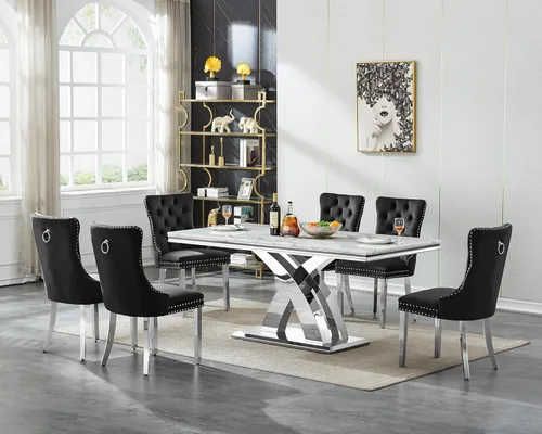 Miniatura 22 de Moderno juego de mesa de comedor de mármol para 4, juego de mesa de comedor de lujo para 4, mesa de comedor de mármol sintético de 68 pulgadas