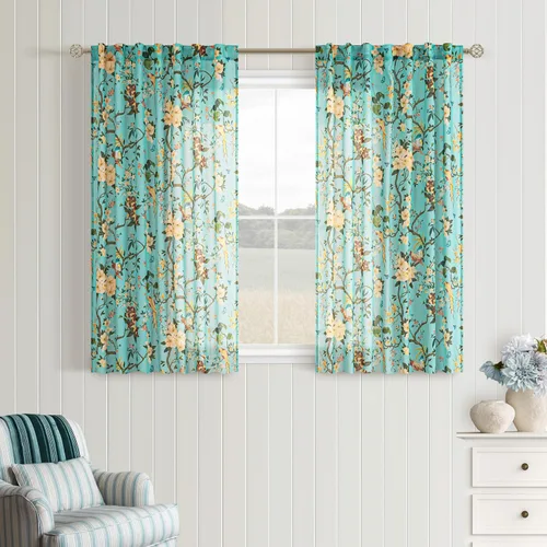 Miniatura 14 de Cortinas de lino florales azules y amarillas, estilo vintage, bohemio, de 63 pulgadas, 2 paneles con pestaña trasera para sala de estar