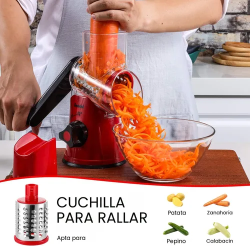 Miniatura 4 de Geedel Rallador giratorio de queso, cortador de verduras de mandolina de cocina con 3 cuchillas intercambiables, rallador fácil de limpiar para Rojo
