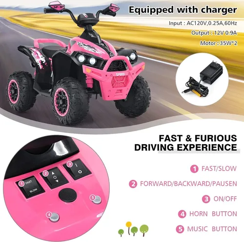 Miniatura 8 de INFANS vehículo de juguete para paseo, ATV eléctrico de 12V con 4 ruedas, vehículo con música, claxon, velocidades alta y baja, luces LED, juguete