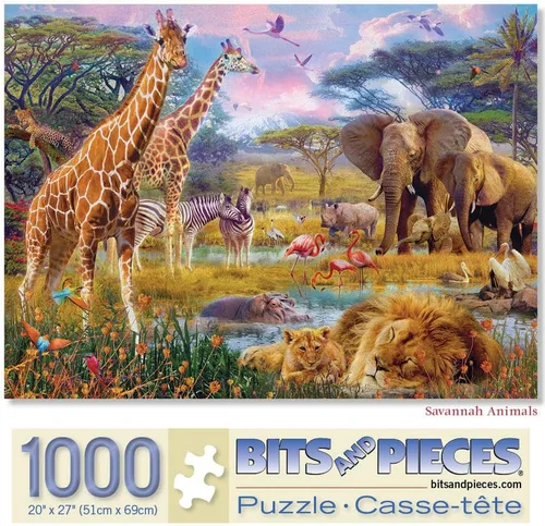 Bits and Pieces Rompecabezas de 1000 piezas para adultos - Animales de sabana - Rompecabezas de escena de la selva por el artista Jan Patrik, tamaño