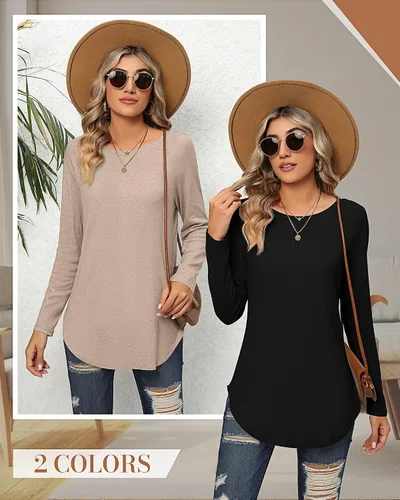 Miniatura 7 de Ficerd 2 Pack Women's Long Sleeve Shirts, Loose Fit Crew Neck Tunic Tops Loose Fit Side Split Basic Pullover Tee Shirts