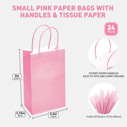 Miniatura 3 de DjinnGlory Paquete de 24 pequeñas bolsas de regalo de papel rosa con asas de 9 x 5.5 x 3.15 pulgadas y 24 papel de regalo de seda para negocios