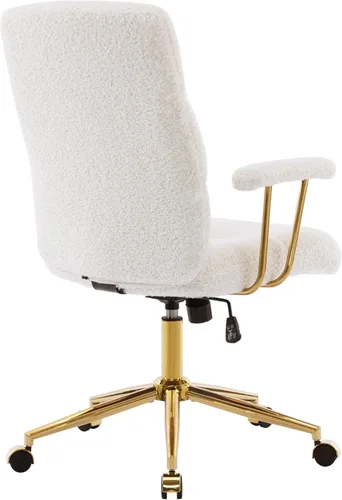 Miniatura 8 de Elegante silla de oficina mullida blanca y dorada con tela texturizada Boucle, moderna silla de escritorio con asiento acolchado, altura ajustable