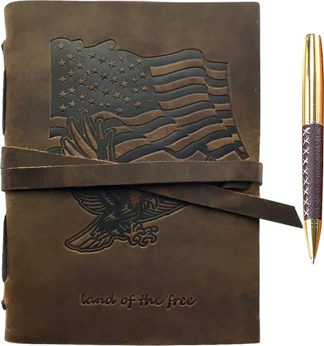 Diario encuadernado en cuero para hombres y mujeres, juego de regalo patriótico hecho a mano con bandera de Estados Unidos y águila en relieve y