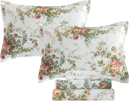 Miniatura 111 de FADFAY Juego de sábanas tamaño King, 100% algodón, elegante ropa de cama de granja con hojas verdes menta y flores blancas, sábana suave