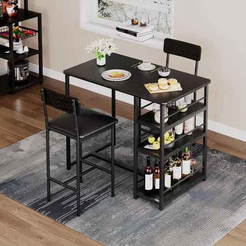Miniatura 2 de Juego de mesa de comedor para 2 personas con 3 estantes de almacenamiento, juego de mesa de cocina de 3 piezas con 2 taburetes de bar tapizados