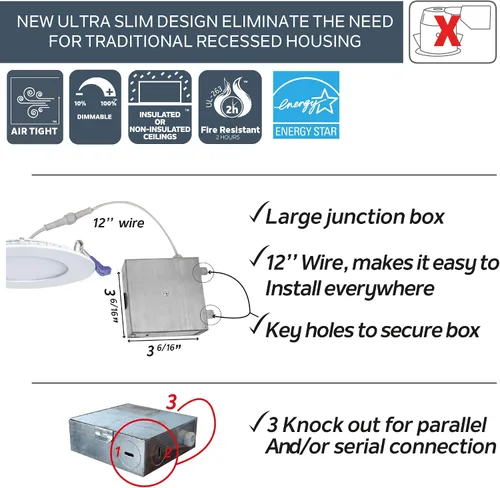 Miniatura 5 de Nadair, Luces LED empotrables ultra delgadas de 6 pulgadas, 1 paquete, clasificación IC, regulable, 15 W = 90 W, 1125 lúmenes, 3000 K