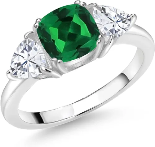 Miniatura 34 de 925 Sterling Silver Gemstone Birthstone and White Moissanite 3-Stone Engagement Ring for Women 7MM Cushion and 5MM Trillion Accents Three Stone