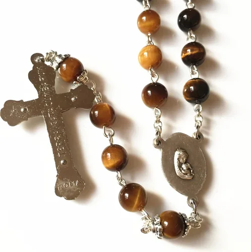 Miniatura 5 de elegantmedical HECHO A MANO Ojo De Tigre Rosario Cuentas Italia Cruz Cruz CRUCIFIJO CATÓLICO COLLAR CAJA DE REGALO, Metal