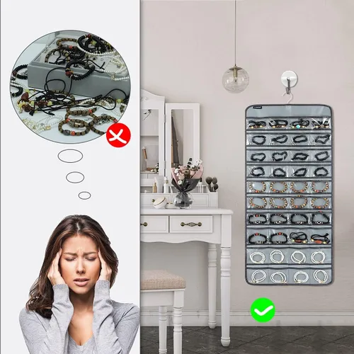 Miniatura 4 de Organizador de joyas colgante de 80 bolsillos para guardar joyas, soporte de exhibición de accesorios de doble cara para aretes, pulseras y anillos