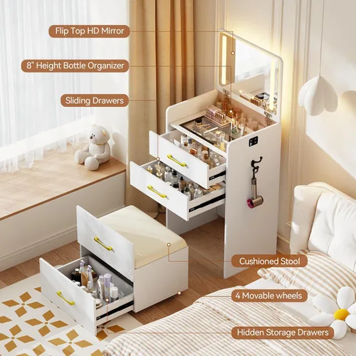Miniatura 8 de Escritorio de tocador 3 en 1 con espejo abatible y luces, mesa de tocador de maquillaje con parte superior de vidrio con estación de carga, tocador