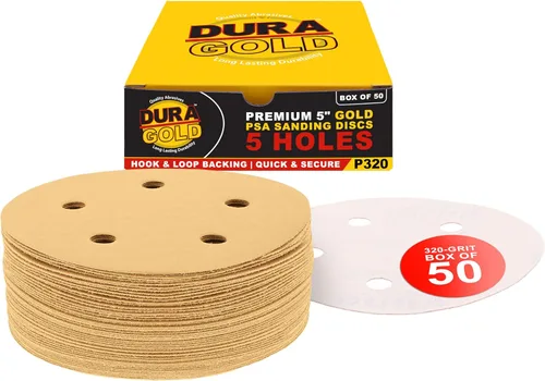 Dura-Gold - Premium - Grano 320 - Discos de lija dorados de 5 pulgadas - Gancho y bucle sin polvo de 5 agujeros para lijadora DA - Caja de 50 discos