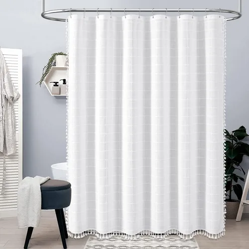 Miniatura 6 de BTTN - Cortina de tela para ducha, bohemia y larga, campestre, estilo rústico chic, para baño, ultragruesa, con ganchos de plástico, de lino, Blanco