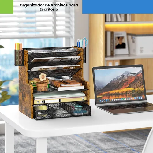 Miniatura 8 de DAOUTIME Organizador de escritorio de malla de 6 niveles con cajón, organizador de oficina de madera para papeles, carpetas y suministros