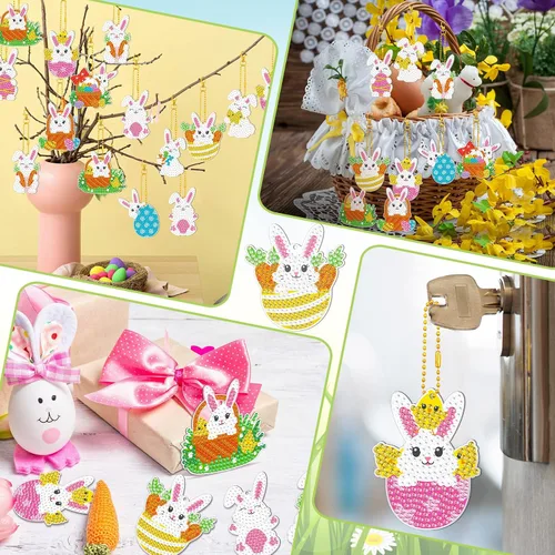 Miniatura 5 de Ferraycle Kit de llavero de pintura de diamante de Pascua de 12 piezas 5D DIY huevo de Pascua conejo adornos de arte colgantes lindos adornos