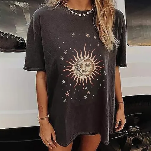 Miniatura 3 de Remidoo - Camiseta informal de gran tamaño para mujer, de manga corta, con estampado de letras, sol y luna