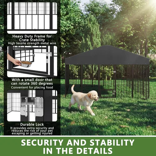 Miniatura 5 de Perrera grande de 10 x 10 x 6 pies para exteriores, resistente con techo impermeable, jaula de acero galvanizado antioxidante con puerta