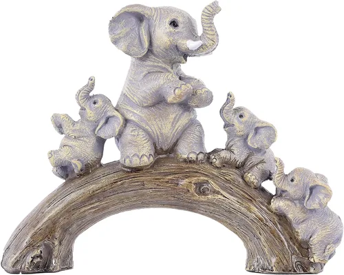 suruim Lindas estatuas de elefante, elefante de buena suerte y sus tres hijos jugando en un puente de troncos para sala de estar, dormitorio,