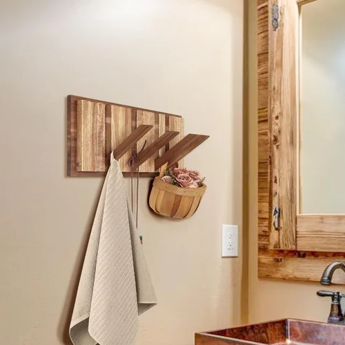 Miniatura 7 de Perchero de pared para entrada: Plegable rústico de madera con 8 ganchos, montaje de 16.5 pulgadas, elegante colgador de piano para pasillo