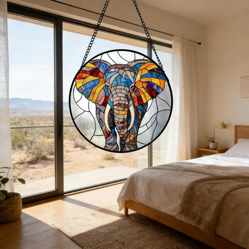 Miniatura 5 de Atrapasoles de Vidrio Manchado para Colgar en Ventana, Elefante Colorido para Capturar el Sol para Puerta, Decoración del Hogar, Atrapasoles de Plata