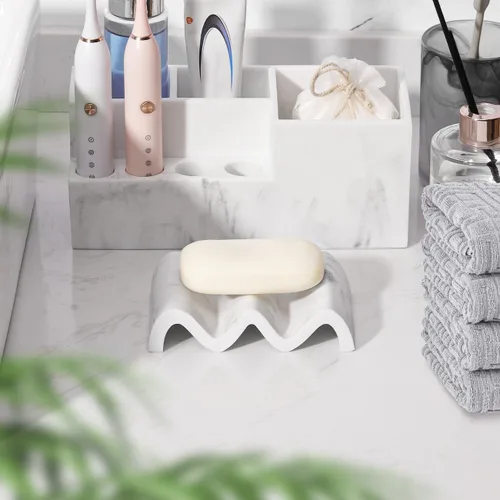 Miniatura 7 de Luxspire Jabonera, Jabonera de Mármol, Bandeja Autodrenante, Soporte de Jabón para Ducha, Baño, Fregadero, Cocina y Encimera, Blanco Grava