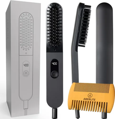 Aberlite Alisador delgado para barba y cabello, peine antiquemaduras, acondicionador iónico, cepillo calentado, peine alisador para hombres, para