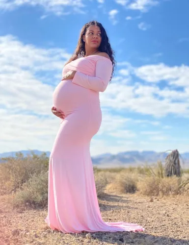 Miniatura 6 de JustVH Vestido de maternidad elegante ajustado de manga larga con cuello en V cruzado y corte entallado, maxi vestido de fotografía para sesión