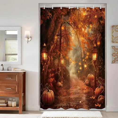 Miniatura 20 de Cortina de ducha de otoño, decoración de baño de árbol de calabaza, 72 x 72 pulgadas, tela de poliéster, cortina de baño impermeable con 12 ganchos