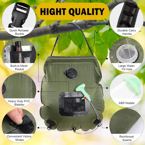 Miniatura 4 de Bolsa de ducha solar Bolsa de ducha solar de 5 galones/20L de calefacción solar Manguera extraíble Cabezal de ducha intercambiable de Verde