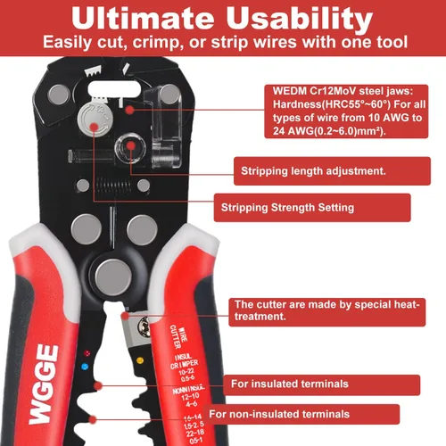 Miniatura 4 de WGGE WG-014 pelacables autoajustable con aislamiento, para pelar cables desde AWG 10-24, strippers automáticos con cortadores y buclera de 8