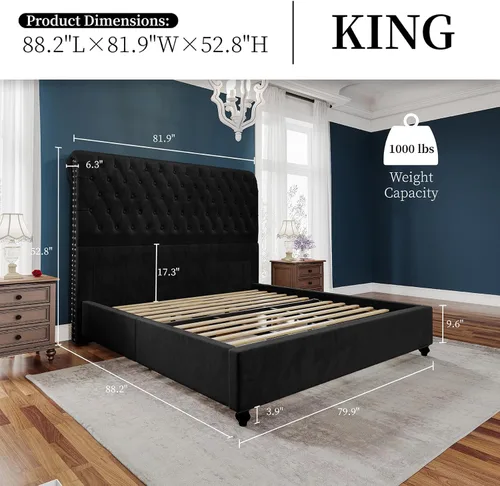 Miniatura 2 de PaPaJet Marco de Cama King Tapizado Marco de Cama de Plataforma con Cabecero de Trineo de 53" de Alto, Capitoné, No Necesita Somier, Fácil Montaje