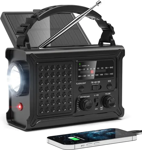 Miniatura 8 de Radio de emergencia de 12000mAh/44400mWh - Radio meteorológica aprobada por NOAA con AM/FM, panel solar portátil/manivela/entrada de CA, batería