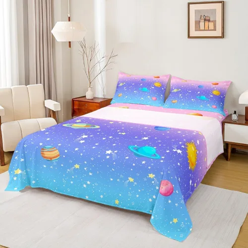 Outer Space - Juego de sábanas tamaño matrimonial para niñas y niños, diseño de arco iris, galaxia, estrellas, planeta, kawaii, pastel, rosa, azul,