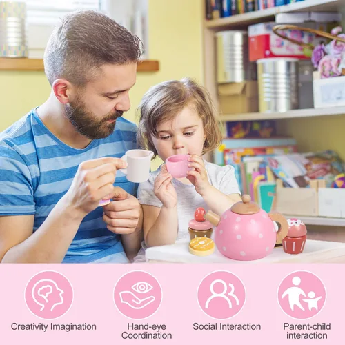 Miniatura 4 de Juego de fiesta de té de madera para niñas pequeñas, regalos para niñas pequeñas, juguetes de la hora del té de princesa, juego de té de madera